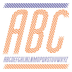 Vector capital condensed modern alphabet letters, abc set. Rounded italic retro type font, script from a to z can be used in poster creation, book. Made using rhythmic strokes and dashed lines.