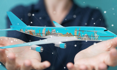 Businessman with plane and famous landmarks of the world 3D rendering