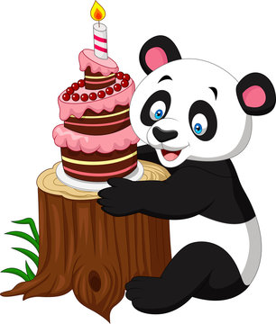 Cartoon funny panda with birthday cake