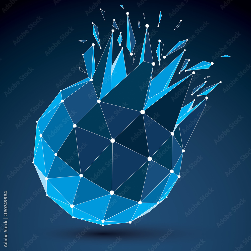 Poster vector dimensional wireframe luminescent object with blue connected lines, spherical demolished shap