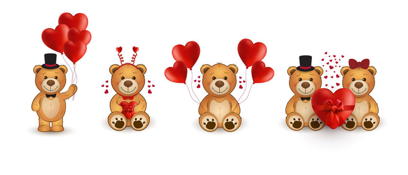 Set of funny cartoon teddy bears in love with heart.