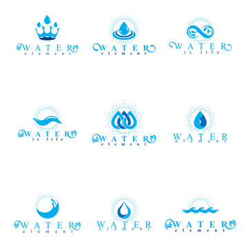 Fresh mineral water design emblems like water drops, H2O symbols, wave splash and limitless logotypes. Cleaning services business logos, water treatment concept.