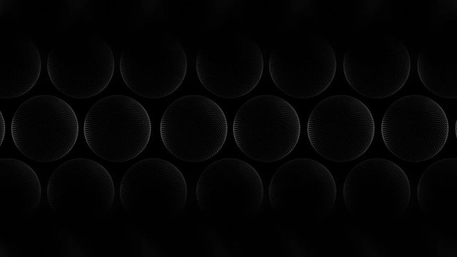 Abstract background. Many ordered spheres are moving smoothly. Transformation and deformation. Computer animation