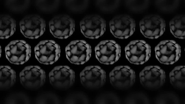 Abstract background. Many ordered spheres are moving smoothly. Transformation and deformation. Computer animation