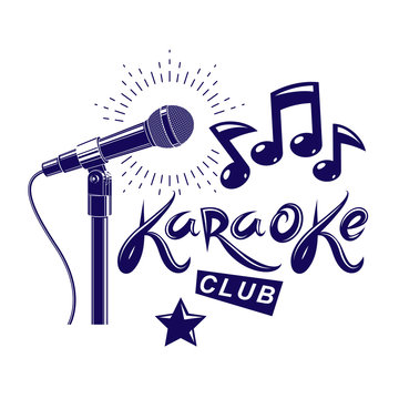 Nightclub karaoke advertising poster composed with stage or recorder microphone vector illustration and musical notes. Superstar performance advertising announcement.