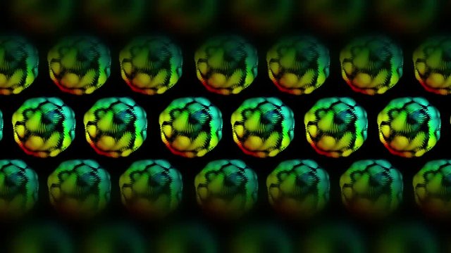 Abstract background. Many ordered spheres are moving smoothly. Transformation and deformation. Computer animation