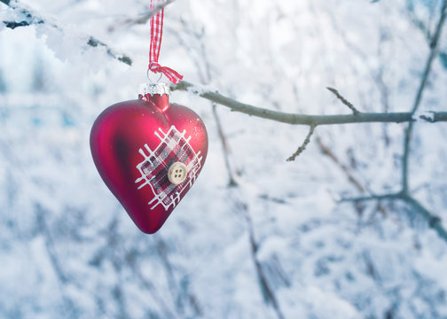 Red heart hanging on snowy tree branch in winter, close up. Christmas, happy valentines day celebration, love concept. Winter holiday theme.