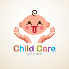 Cute baby cartoon vector flat icon, adorable child showing tongue child emoji. With tender hands of care of mother or nanny. Can be used as a logo.