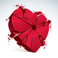 Breakup concept of Broken heart, 3D realistic vector illustration of heart symbol exploding to pieces. Creative idea of breaking apart love, break up.