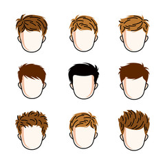 Set of boys faces, human heads. Different vector characters like redhead and brunet toddlers, cute teenagers collection.