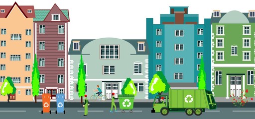 Urban waste recycling process with garbage truck and garbage collectors workers, city buildings on background Flat vector concept illustration