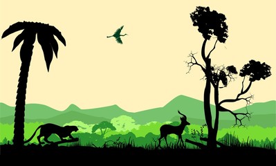 Wildlife silhouettes vector illustration, panther hunting antilope, vector wildlife landscape. Nature landscape