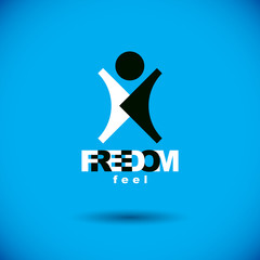 Vector illustration of happy abstract  man with raised reaching up. Successful business career emblem. Corporate development symbol. Freedom creative logo.