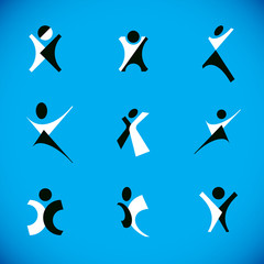 Vector illustration of happy abstract human with raised hands up. Business leader metaphor