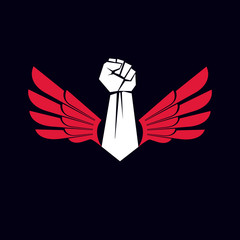 Vector symbol made using raised arm of muscular male and eagle wings. Freedom for the personality can be used as tattoo.