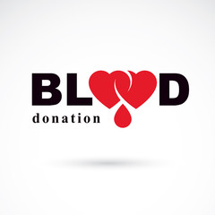 Blood donation inscription made with heart shape and blood drops. Healthy lifestyle conceptual symbol.