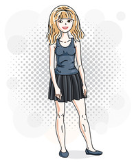 Attractive young blonde woman standing on background with bubbles and wearing casual clothes. Vector human illustration.