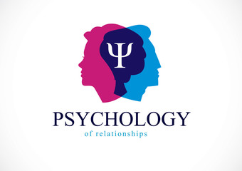 Relationship psychology concept created with man and woman heads profiles, vector logo or symbol of gender problems and conflicts in family, close relations and society. Classic style simple design.
