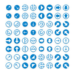 Different vector arrows, pixel icons isolated, collection of 8bit graphic elements. Simplistic digital direction signs, web icons.