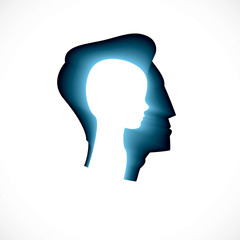 Psychology, mental health vector design, created with man head profile and little child boy inside, inner child concept, origin of human individuality and psychic problems. Therapy and analysis.