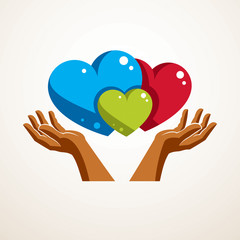Happy family vector logo or icon created with three colorful hearts of different sizes and care hands. Tender and loving relationship of father, mother and child. Together as one system of relations.