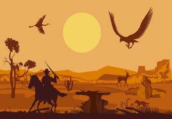 Cowboy running on the horse silhouette, wild west concept vector illustration, vector desert landscape