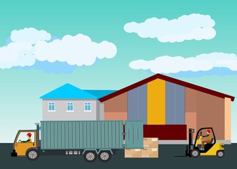 Delivery truck at the warehouse, workers, buildings, flat vector, the concept of a logistics center, transportation of logistics goods.