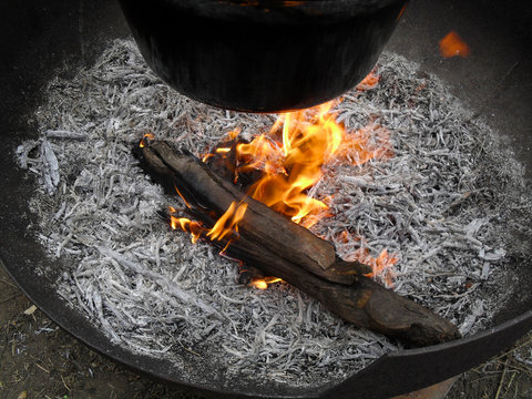 Burning piece of wood with circumjacent ash. 