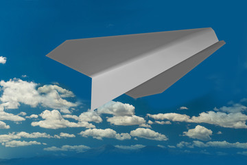 plane from paper in the sky and clouds - 3d rendering