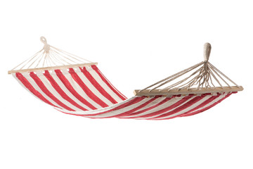 a multi-colored hammock made from natural fabric hanging on ropes, white background