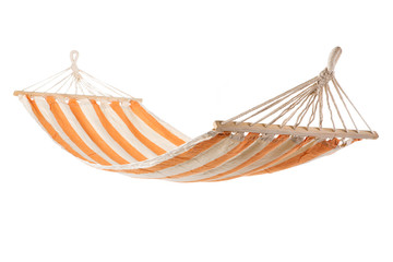 a multi-colored hammock made from natural fabric hanging on ropes, white background