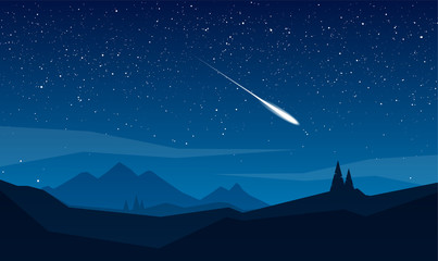 Night mountains landscape with stars and meteor.