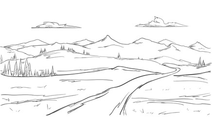 Hand drawn Mountains sketch landscape with road, pine and clouds. Line design