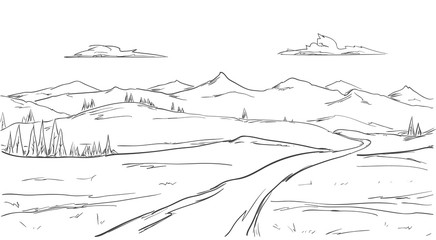 Fototapeta premium Hand drawn Mountains sketch landscape with road, pine and clouds. Line design