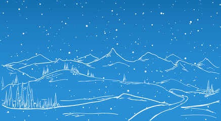 Hand drawn Winter Mountains sketch landscape with road, pine and snowflake. Line design