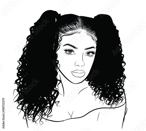  Hand drawn black  woman with curly  double ponytails and 