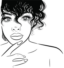Hand-drawn black woman with curly ponytail and luxurious hair. Girl with perfectly shaped eyebrows and full lashes. Idea for business visit card, typography vector. Perfect salon look.