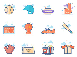 Baseball related icon series in flat color style.
