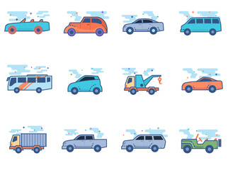 Car icons in flat color style. Vector illustration.