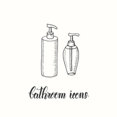 Vintage hand drawn bottle with shower gel and liquid soap or shampoo in a sketch style. Hand made lettering. Vector objects from the bathroom. 