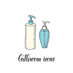 Vintage hand drawn bottle with shower gel and liquid soap or shampoo in a sketch style. Hand made lettering. Vector objects from the bathroom. 