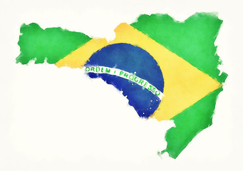 Santa Catarina watercolor map with Brazilian national flag in front of a white background