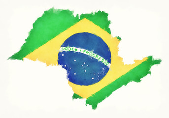 Sao Paulo watercolor map with Brazilian national flag in front of a white background