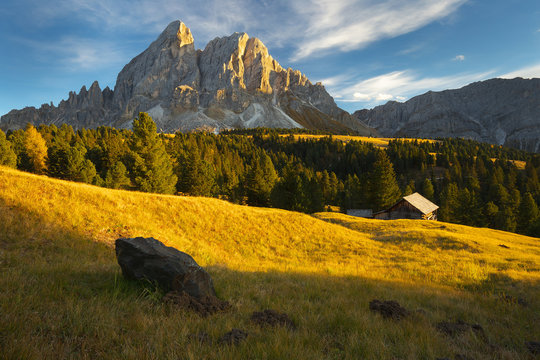 Mountain landscape with a peak on background, Dolomites, Italy