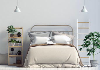 Mock up wall in bedroom interior. Bedroom Scandinavian style. 3d illustration