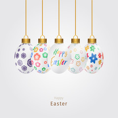 Modern Easter background with colorful eggs and gold hanging.