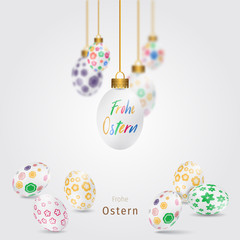Fototapeta na wymiar Bunte Ostereier. Frohe Ostern. Modern Easter background with colorful eggs and gold hanging. Template Easter greeting card, vector.