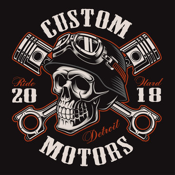 Biker skull with crossed pistons t-shirt design (color version)