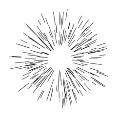 Sun burst, star burst sunshine line. Vector illustration. Icon black on white. Design element for logo, signs. Dynamic style. Abstract explosion, speed motion lines from the middle, radiating sharp