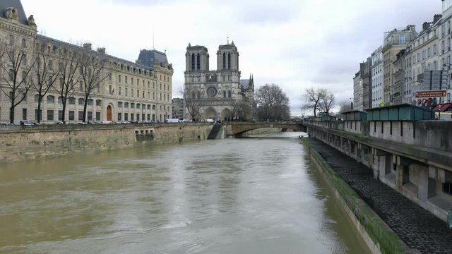 Paris,France-January 22, 2018: View of Notre-Dame de Paris, the river Seine and the left bank, Rive Gauche, of the river Seine.